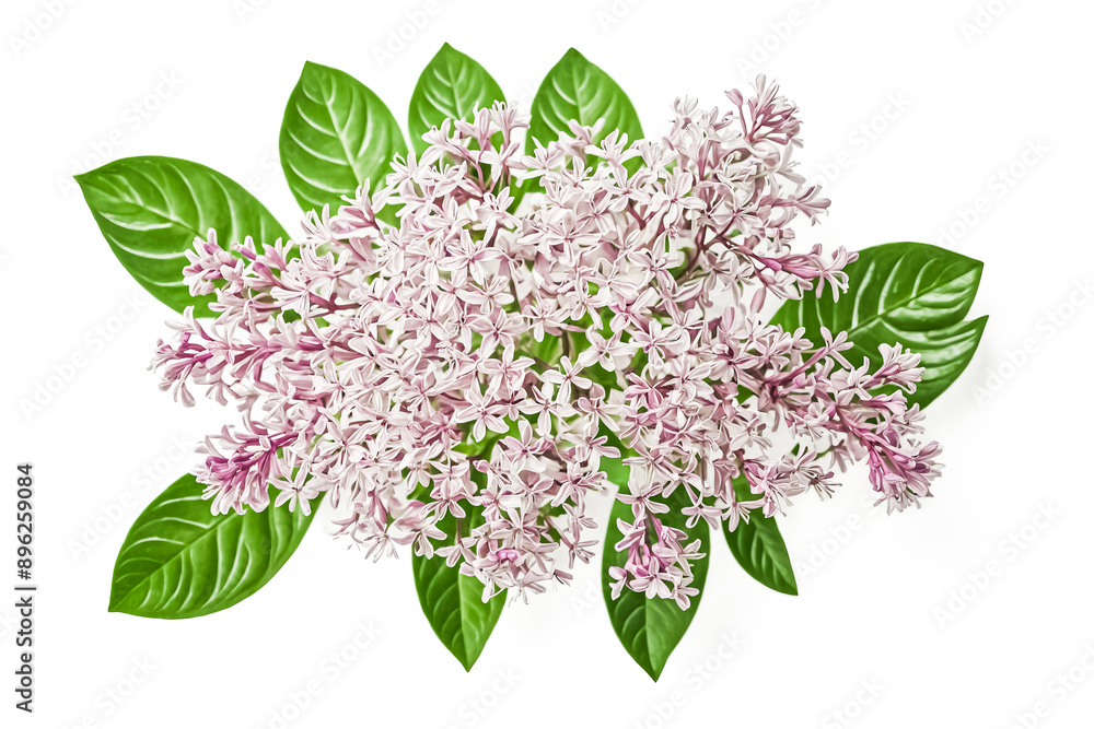 Sticker Lilac Flowers and Leaves on White Background