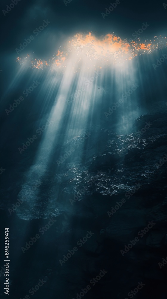 Poster Light rays filtering through the ocean surface into the depths, peaceful and serene underwater scene
