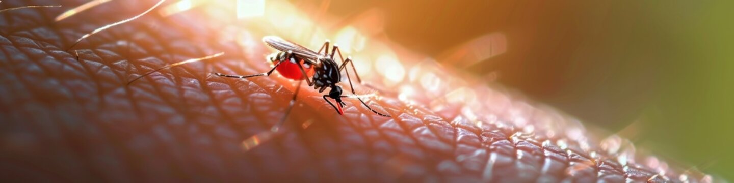 Mosquito that carries dengue fever, Zika virus is sucking blood on human skin.
