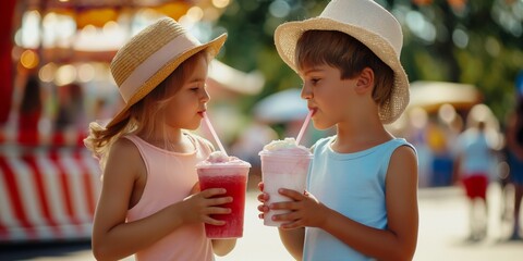 Two kids, boy and a girl drink milkshakes in the park, smiling happily
