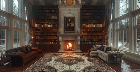 Great hall, library, fireplace. Generative AI.