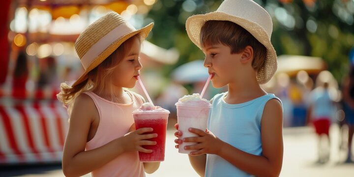 Two kids, boy and a girl drink milkshakes in the park, smiling happily