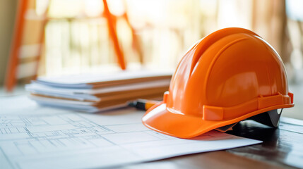 Bright builder orange helmet for safety protection against blows to the head closeup