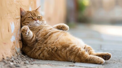 A fat cat lying on its back with its paws in the air, showcasing its round belly and contentment.