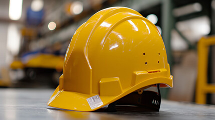 Bright builder yellow helmet for safety protection against blows to the head closeup