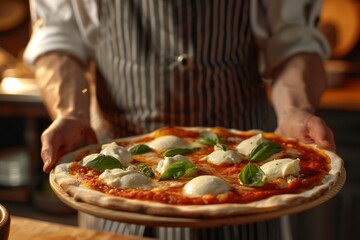 Chef presenting a freshly baked pizza with melted cheese and basil leaves. Pizza margherita hot and ready. Delicious Italian cuisine at its best. Style is artisanal. Generative AI