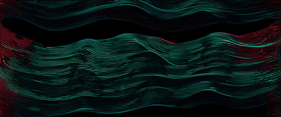 Abstract turquoise and red wave pattern swooshing across the frame