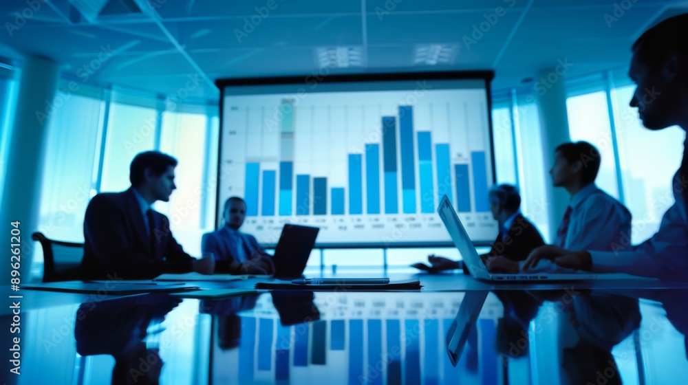Poster a financial meeting with participants analyzing a bar graph on a projected screen.