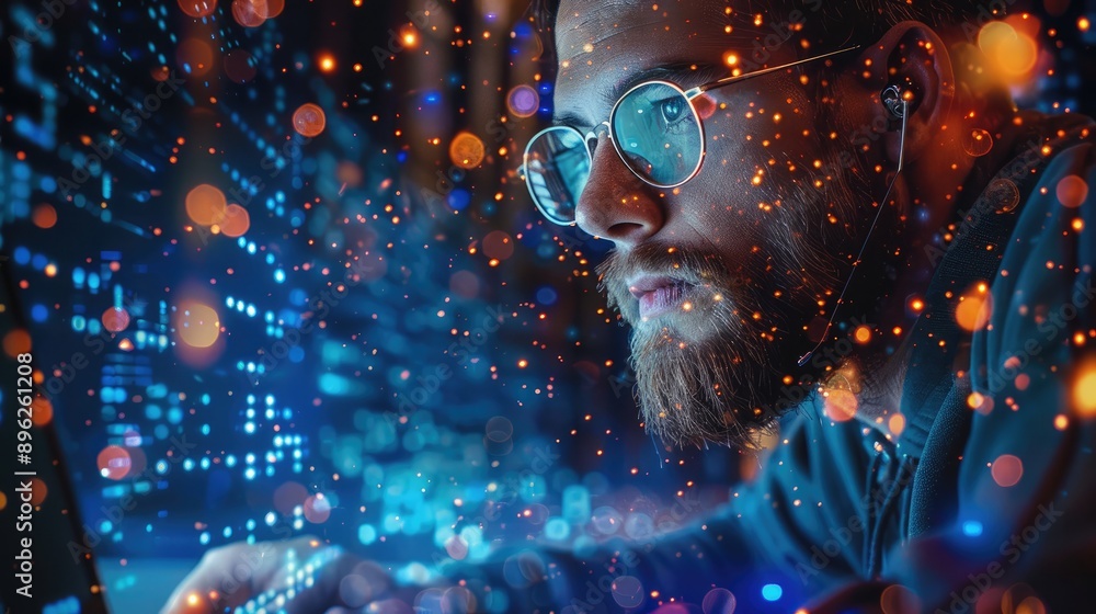 Poster iot internet of things, digital marketing, internet network connections, big data. a man using an in