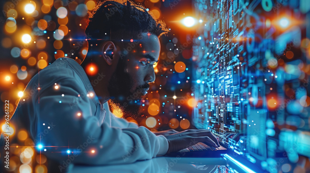 Aufkleber iot internet of things, digital marketing, internet network connections, big data. a man using an in