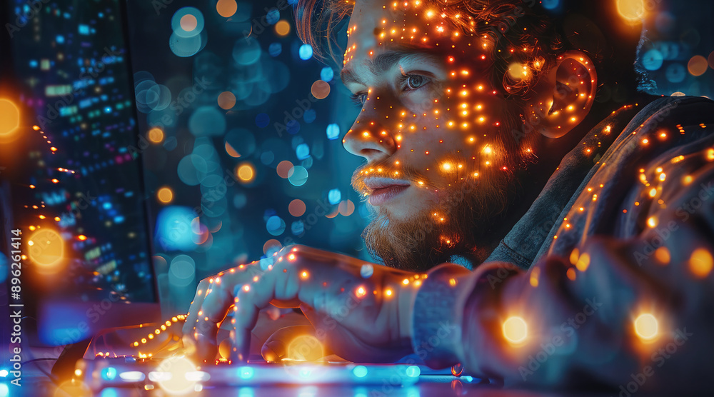Aufkleber iot internet of things, digital marketing, internet network connections, big data. a man using an in