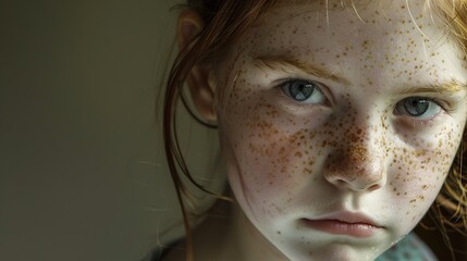 Portrait of serious freckled girl with red hair