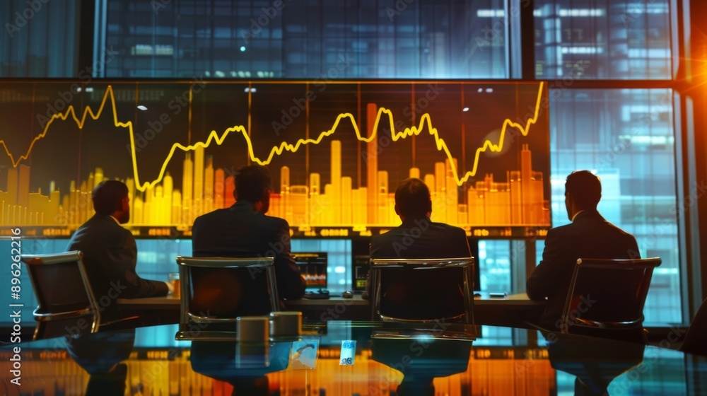 Poster A group of investors discussing gold price graphs projected onto a screen in a boardroom.