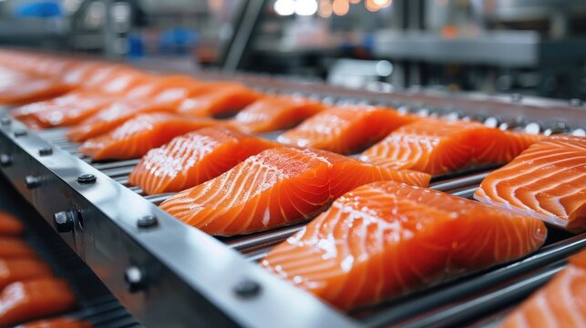 Close-up of a fresh salmon fillet on a conveyor belt in a fish processing plant. The conveyor belt is moving the fillet along the processing line. Industrial food production concept. depth of field.