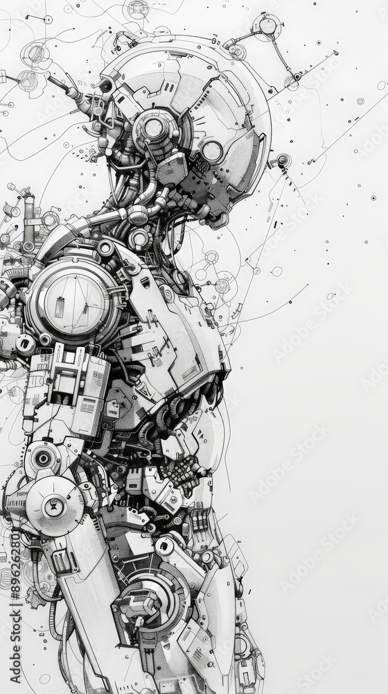 Leinwandbilder Intricate black and white side profile of a humanoid robot with detailed mechanical components. Concept of advanced robotics and technological innovation.
