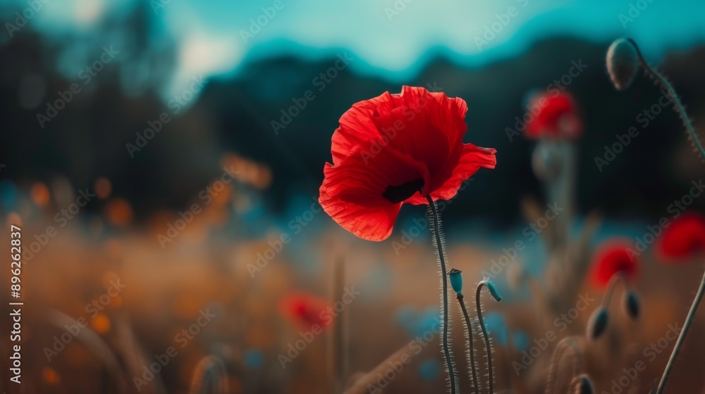 Sticker Bright red poppy flower in a field with a blurred background