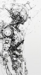 Intricate black and white side profile of a humanoid robot with detailed mechanical components. Concept of advanced robotics and technological innovation.