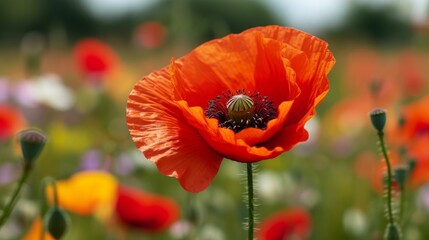 Fototapeta premium Bright red poppy flower in a field with a blurred background