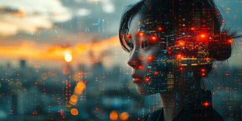 Profile of a woman with cityscape and digital data overlay, representing technology and modern urban life
