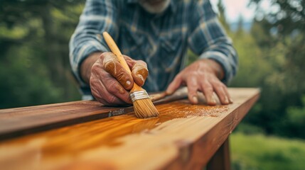 Man painting a wooden shelf outdoors, focusing on his hands and the brush