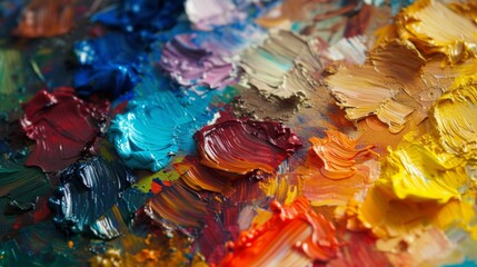 Close-up shot of an artist's palette covered with various colors of oil paint