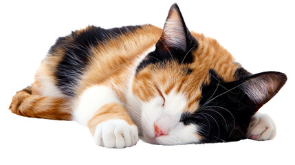 black, orange and white calico cat sleeping, tranparent, isolated background png