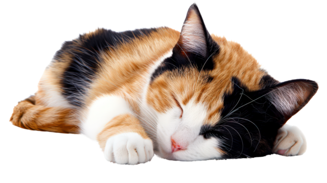 black, orange and white calico cat sleeping, tranparent, isolated background png