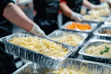 Obraz premium catering service handling containers of pasta food