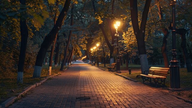 Nighttime park scene  tree lined brick path with illuminated streetlights casting shadows on benches