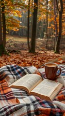 A picturesque autumn scene in a forest with a book, a coffee mug, on a plaid blanket amidst fallen leaves, offering a peaceful and cozy reading spot surrounded by nature.