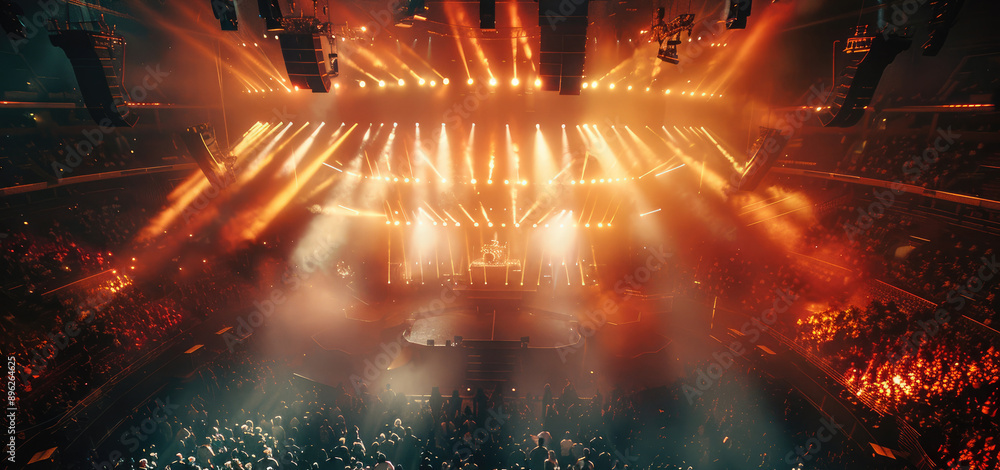 Poster drone shot of a rock concert in a stadium with a lot of stage lights. generative ai.