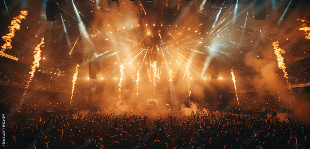 Poster drone shot of a rock concert in a stadium with a lot of stage lights. generative ai.