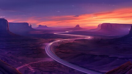 Fototapeta premium A winding road through a desert landscape at sunset, with vibrant purple and orange hues. The mountains in the background add depth and scale to the scene.