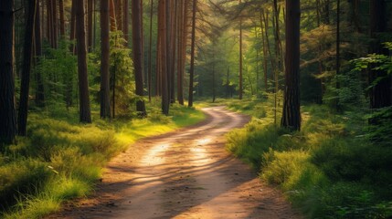 Obraz premium Picturesque nature trail winding through a forest, with dappled sunlight on the path