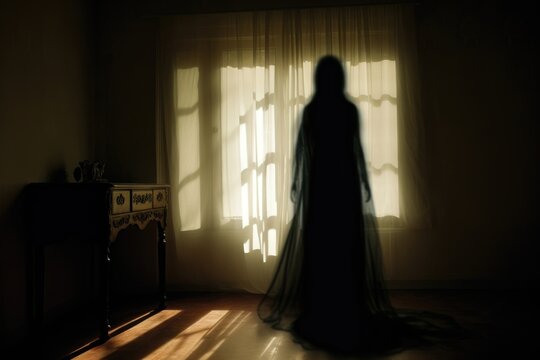 Spooky white ghost in old dark room. Angry spirit in the apartment. Haunted house. Scary horror scene. Halloween costume party. Background for design banner, poster, invitation
