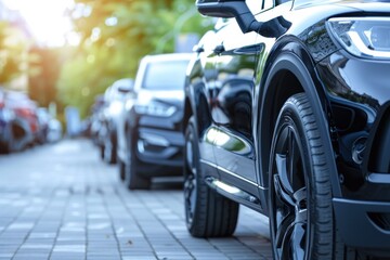 Car parked at parking lot. Used car for sale and rental service. Car insurance background. Automobile parking