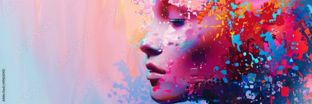 Poster Profile of a digital face with neon light effects and glowing patterns on a dark background. Represents AI and futuristic technology