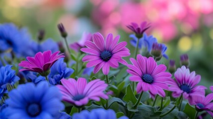 Obraz premium Close-up of purple and blue flowers in full bloom, with natural lighting