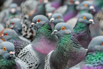 Close up group of many pigeons