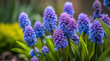 Close-up of purple and blue flowers in full bloom, with natural lighting