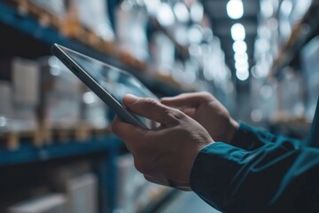 Close up man hand using digital tablet in warehouse
