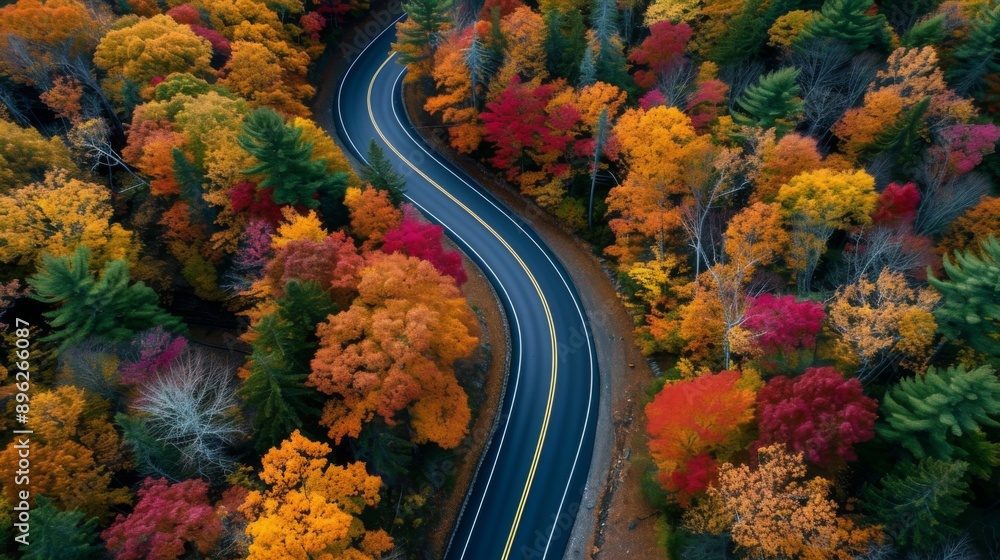 Poster Scenic road winding through a forest in autumn, with leaves in vibrant fall colors