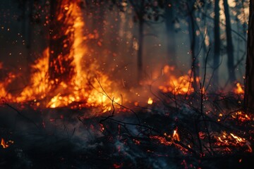 Close up wildfire in forest with big fire flames and smoke