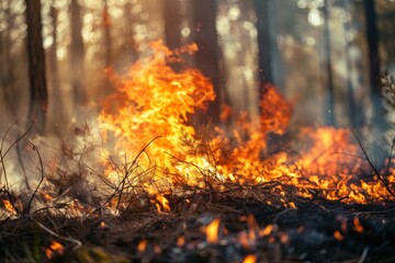 Close up wildfire in forest with big fire flames and smoke