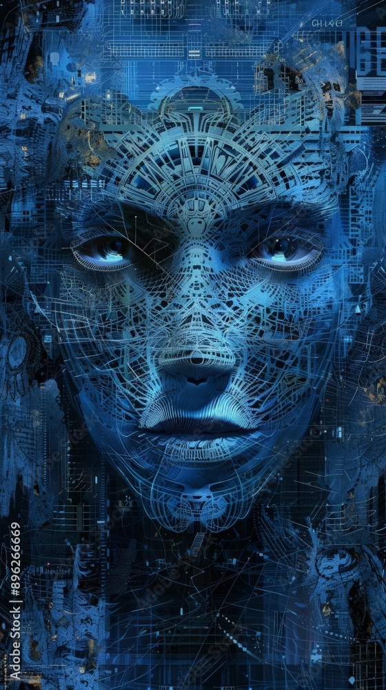 Poster Detailed cybernetic face with intricate blue circuitry and patterns, representing advanced AI and technology. Perfect for sci-fi and innovation concepts.