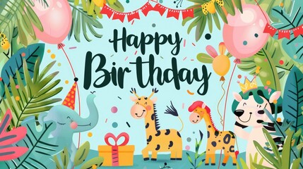 Fototapeta premium kids happy birthday card text with animals, celebratory, party card, birthday greetings, events poster, birthday celebration