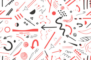 Hand drawn doodle ink thinking plan concept. Business seamless pattern. Drawing sketch red arrows ideas diagram vector illustration