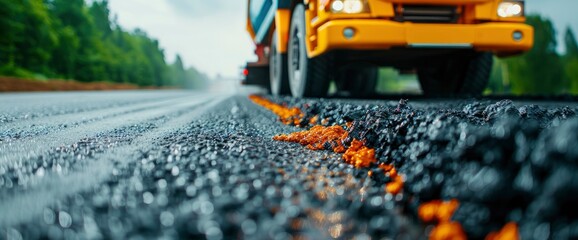 An Industrial Pavement Truck Laying Fresh Asphalt, Showcasing Smoothness And Efficiency