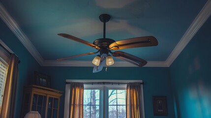 A fan mounted on the ceiling in an apartment under functioning