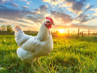 Fototapeta premium Chicken on rural green grass at sunset